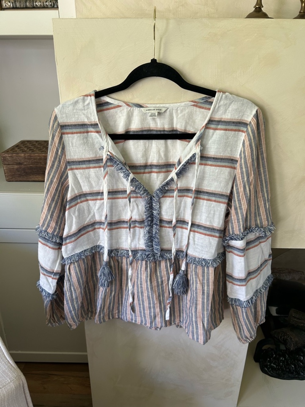 American Eagle Outfitters Striped Tassel Peasant Blouse in White, Blue and Rust